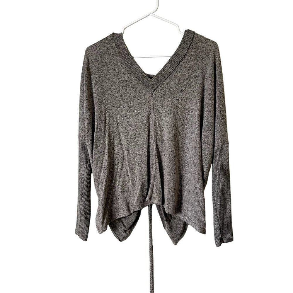 Lulus gray casual drawstring cinched vneck classic sweater pullover comfortable